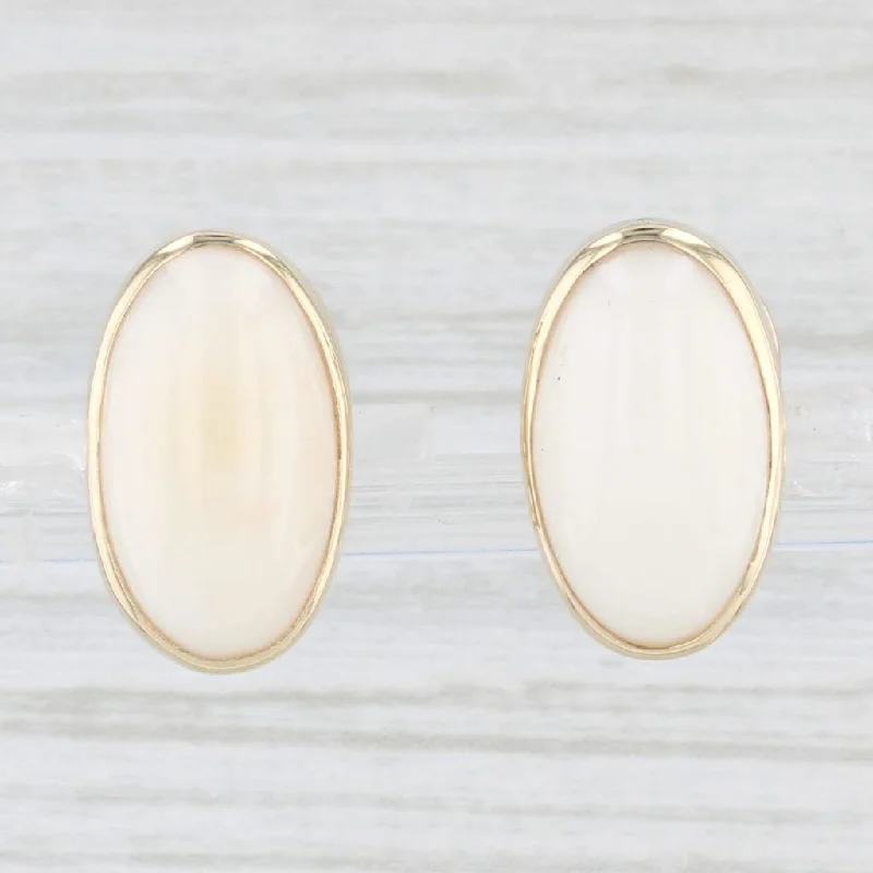 women's earrings with cubic zirconia -White Coral Oval Cabochon Drop Earrings 14k Yellow Gold Pierced Omega Backs