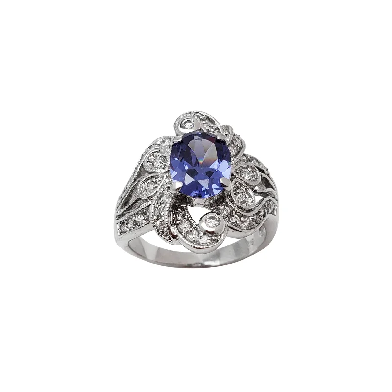 women's rings with statement design -Blue Flower Zirconia Lady Ring (Silver)