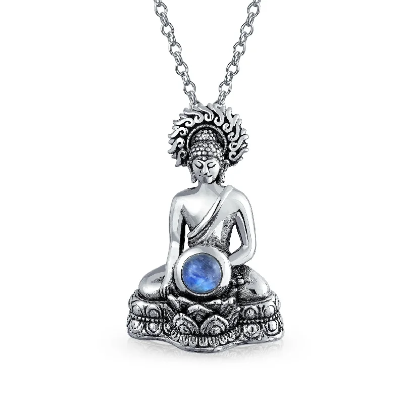 women's necklaces with fancy-cut stones -Yogi Rainbow Moonstone Buddha Pendant Necklace in Oxidized Sterling Silver Chain