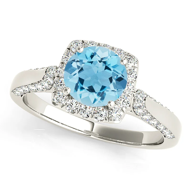 women's engagement rings with pave diamonds -1.75 ct. Genuine Aquamarine Ring with Cushion Halo And Modern Diamond Band