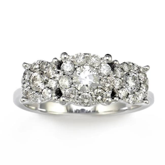 women's engagement rings with matching bands -1/2 CTW Diamond Three Stone Cluster Ring in 14KT White Gold