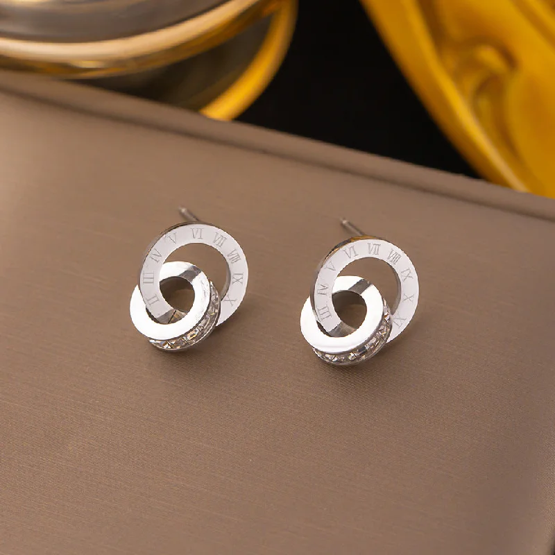 Ear Studs Steel Color Double Ring Full Diamond