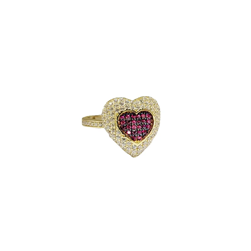 women's rings with side stones -Red Pink Puffy Pave Heart Ring (14K)