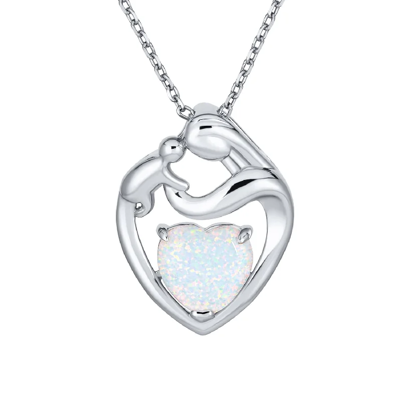 women's necklaces with bold gemstone -Created White Opal Heart Pendant Necklace for New Mother in Rose Gold Plated Silver