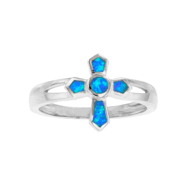 women's rings with gemstone accents -Blue Opal Cross Ring (Silver)