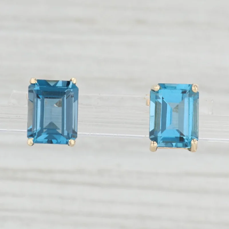 women's earrings with hammered design -6ctw London Blue Topaz Solitaire Stud Earrings 14k Yellow Gold Emerald Cut Studs