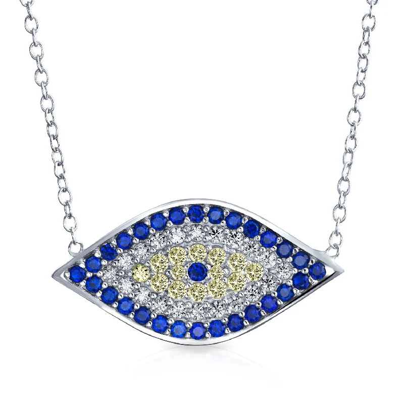 women's necklaces with matching earrings -Turkish Blue Yellow CZ Evil Eye Pendant Necklace in Sterling Silver