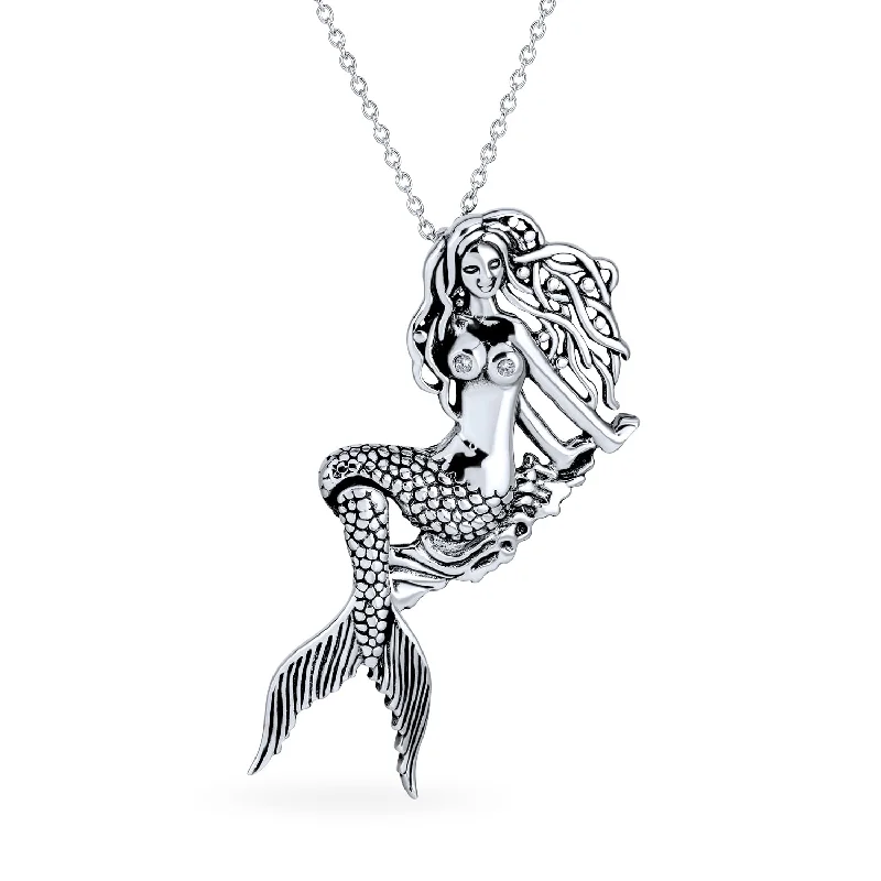 women's necklaces with large gemstone -Nautical Sea Siren Mermaid Pendant Necklace in Oxidized Sterling Silver