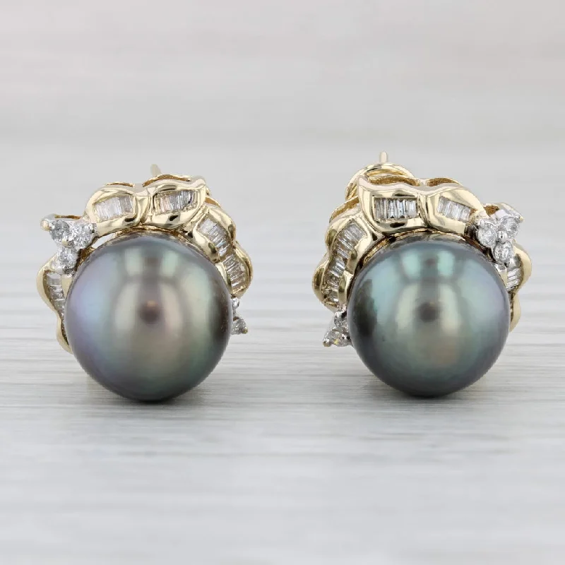 women's earrings with round shape -Cultured Gray Pearl 1.18ctw Diamond Halo Earrings 14k Yellow Gold Omega Backs