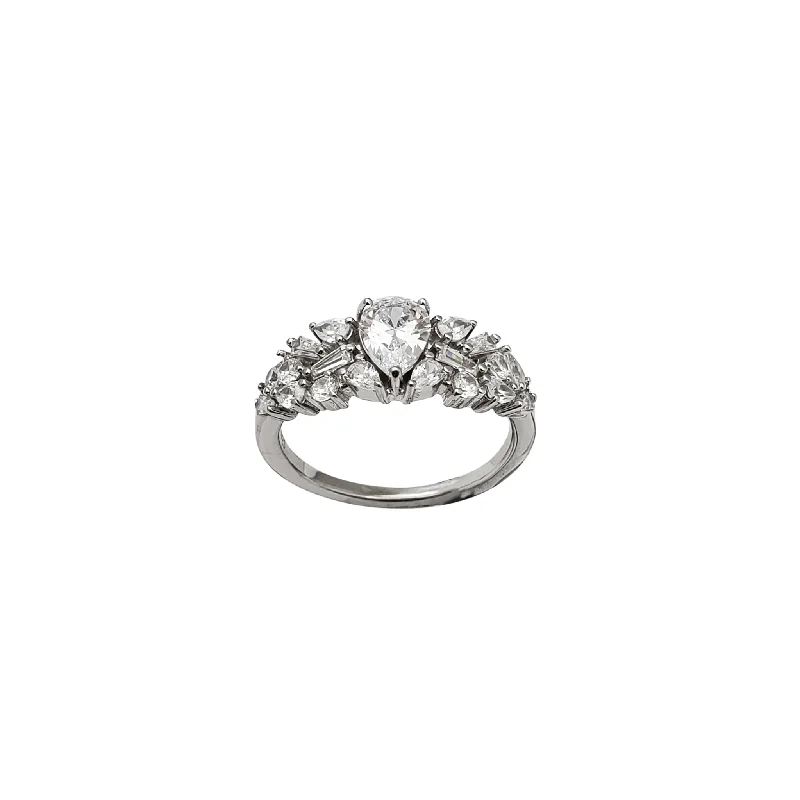 women's rings with floral design -Zirconia Cluster Teardrop & Baguette Lady Ring (Silver