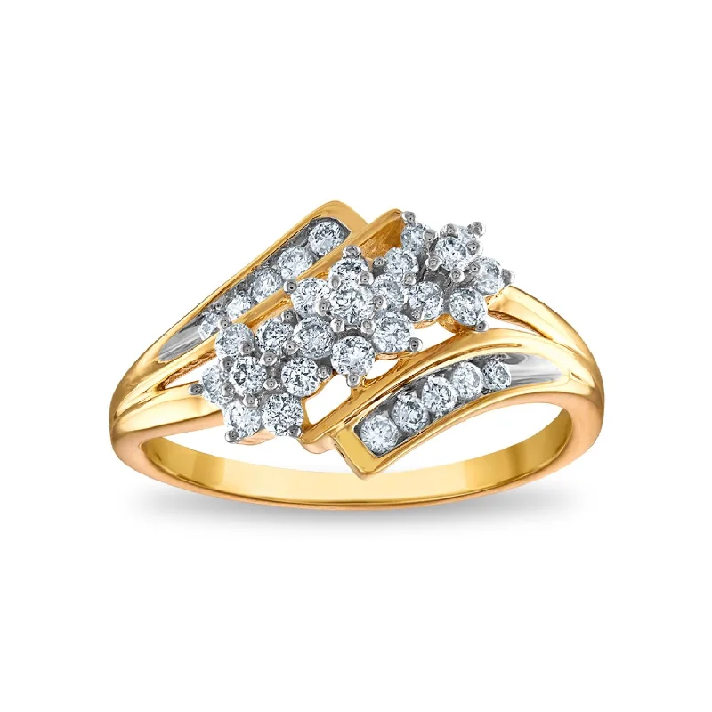 women's engagement rings with delicate pave -1/2 CTW Diamond Fancy Flower Three Stone Ring in 10KT Yellow Gold