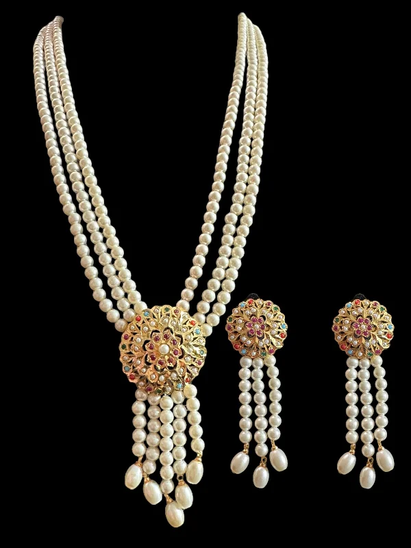 women's necklaces with engraved details -DLN74 SAVAIRA lariat style necklace set in Navratan ( READY TO SHIP )