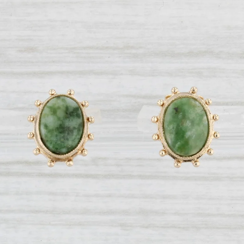 women's earrings with statement design -Green Nephrite Jade Stud Earrings 10k Yellow Gold Vintage Oval Solitaires