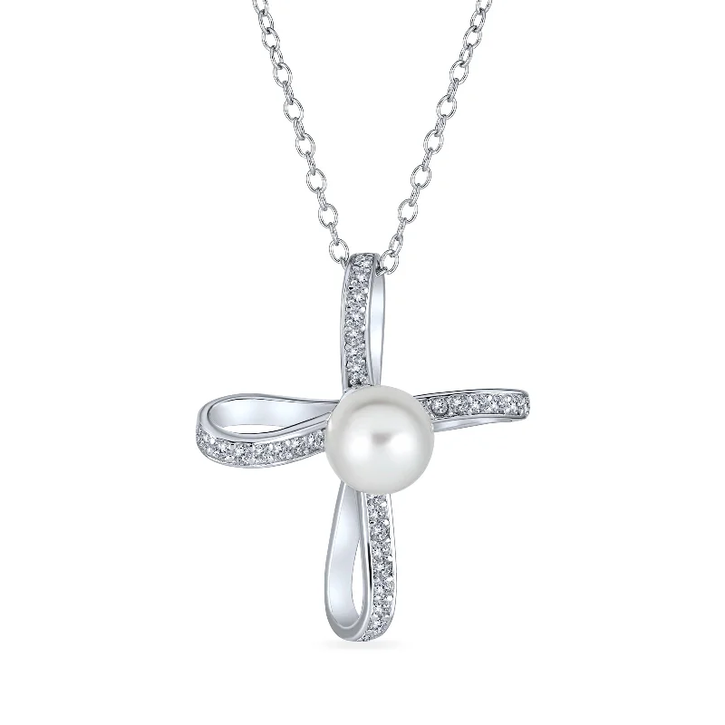 women's necklaces with diamond bezel -Bridal Necklace Sterling Silver Infinity Cross with Simulated White Pearl Pendant