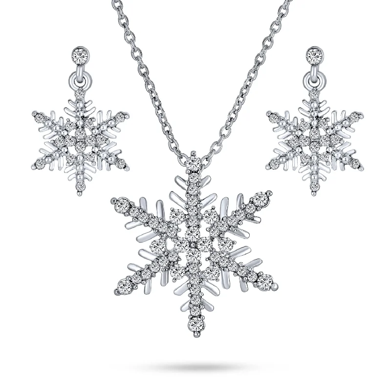 women's necklaces with statement design -Holiday Crystal Snowflake Pendant Necklace & Earring Set Silver Plated Jewelry