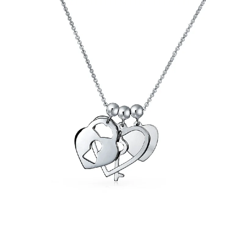 women's necklaces with sparkling gems -Romantic Lock Key Heart 3 Charm Pendant .925Sterling Silver Necklace