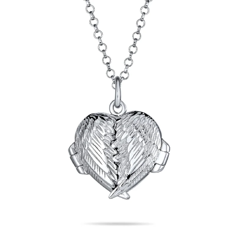 women's necklaces with statement design -Vintage Style Guardian Angel Wing Heart Locket Necklace for Teens Silver Pendant