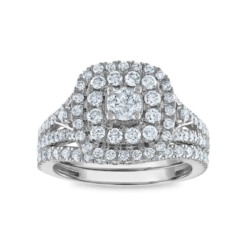 women's engagement rings with pave diamonds -1 1/2 CTW Diamond Halo Bridal Set Ring in 10KT White Gold