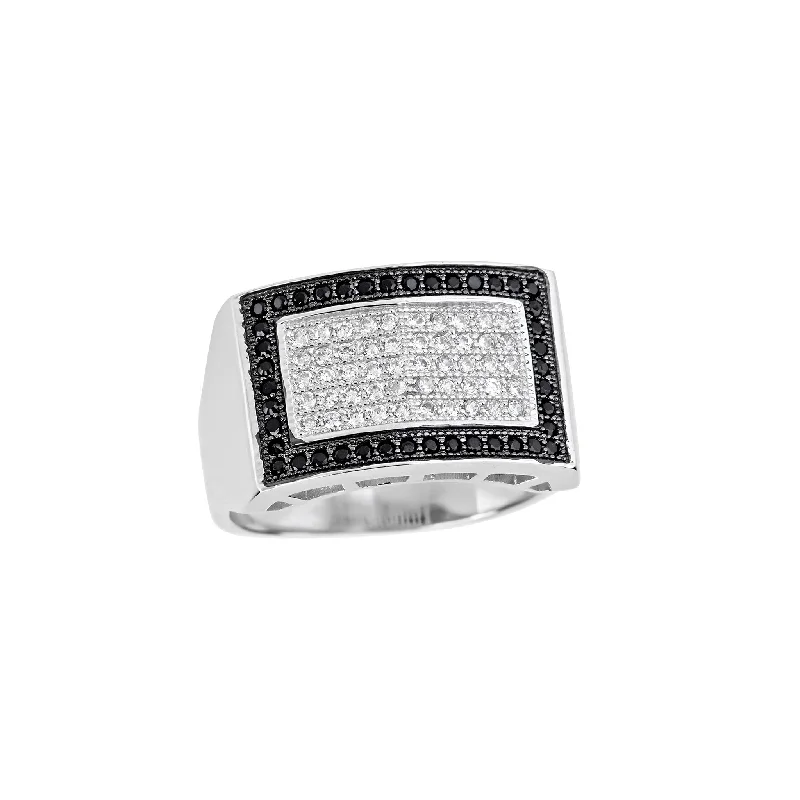 women's rings silver -Pave White & Black Rectangle Men's Ring (Silver)