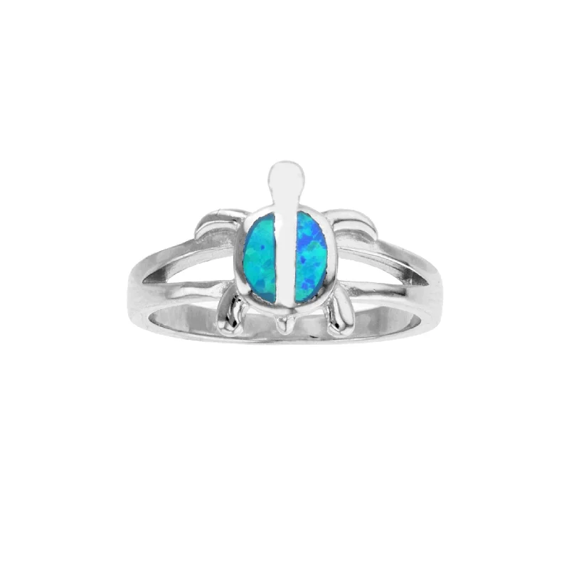 women's rings with gemstone accents -Blue Opal Shell Turtle Ring (Silver)