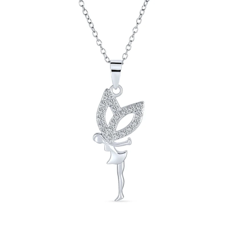 women's necklaces with stylish chain -Firefly CZ Accent Fairy Tinkerbell Pendant Necklace in Sterling Silver