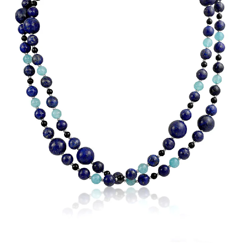 women's necklaces with sparkling diamonds -Long Wrap Layered Aqua Quartz & Lapis Onyx Gemstone Strand Necklace 40 Inch