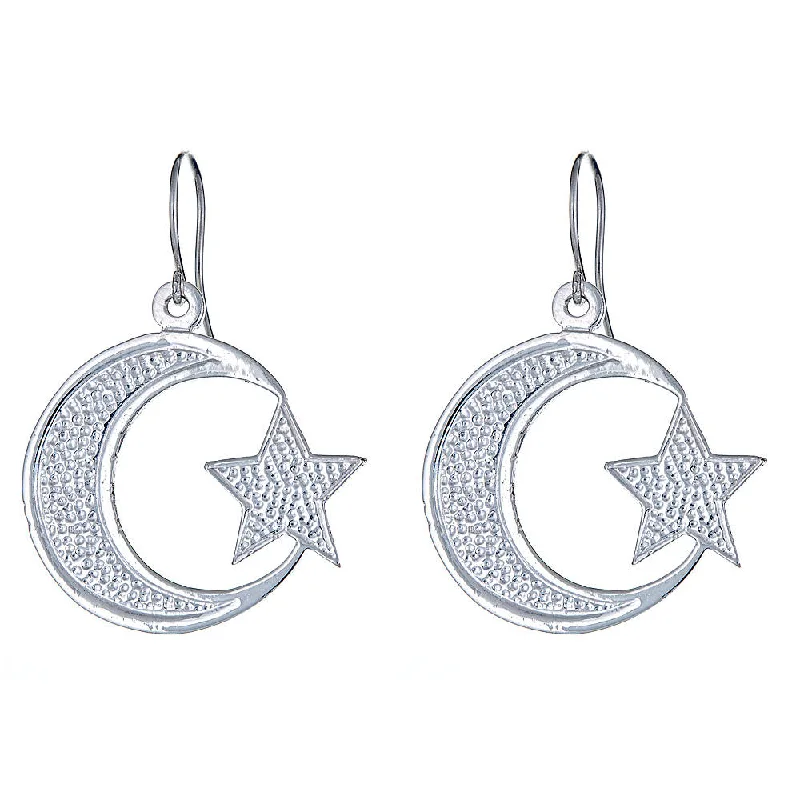 women's earrings with elongated design -Better Jewelry Solid .925 Sterling Silver Islamic Crescent Moon & Star Earrings