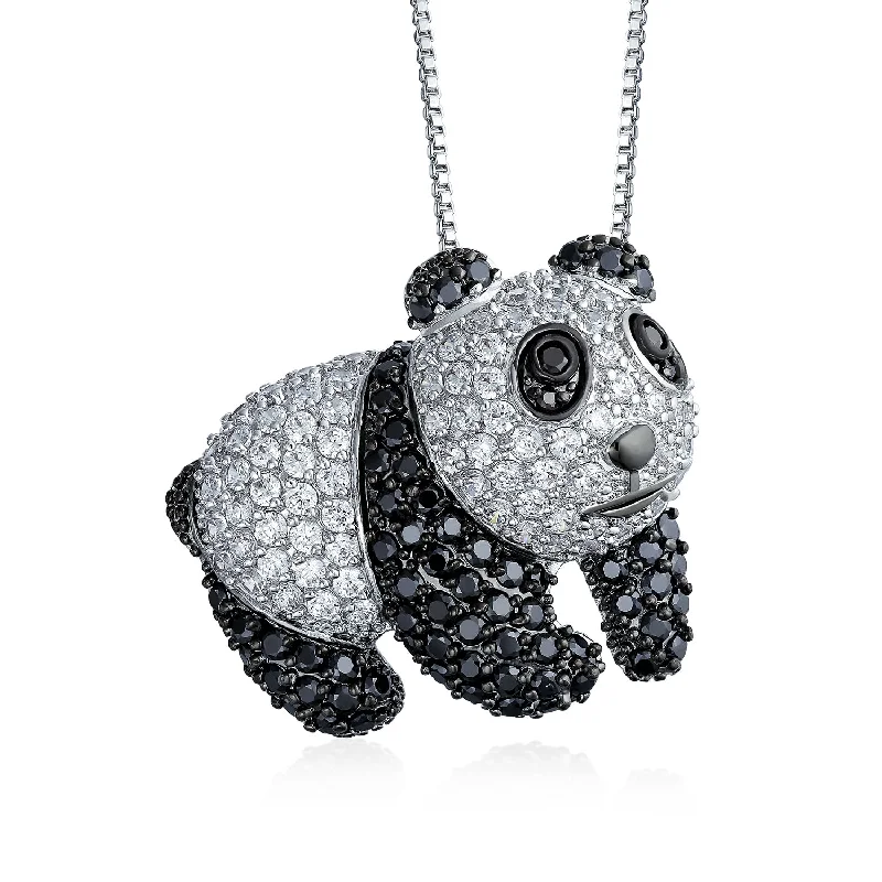 women's necklaces with twisted design -Whimsical Panda Bear Pendant Necklace with Black & White Cubic Zirconia Silver Plated