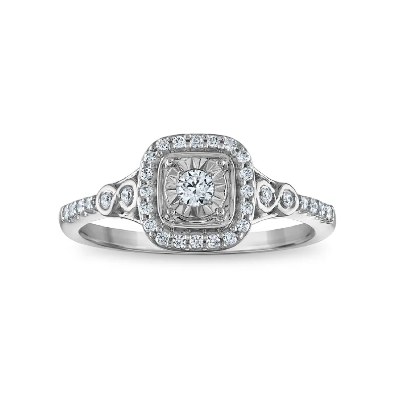 women's engagement rings with large center stone -LoveSong EcoLove 1/4 CTW Lab Grown Diamond Halo Promise Ring in Rhodium Plated Sterling Silver