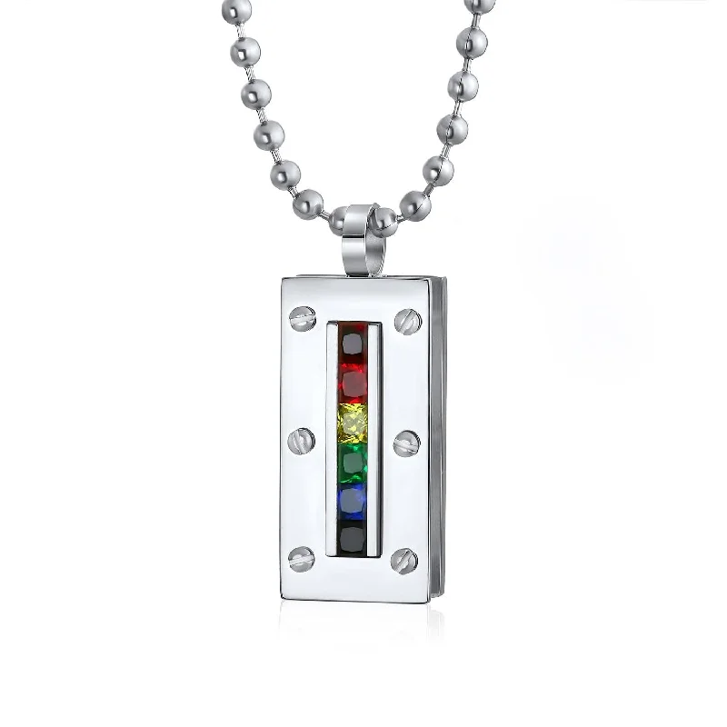 women's necklaces with chain link -Unisex Rainbow CZ Dog Tag Pendant Necklace in Silver Tone Stainless Steel