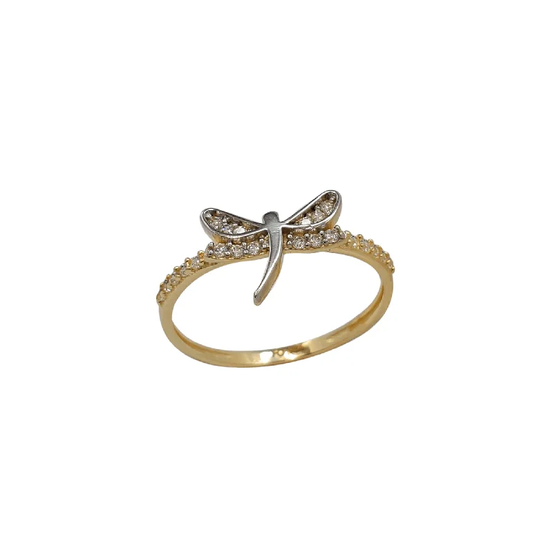 women's rings with smooth band -Zirconia Two-Tone Dragonfly Ring (14K)