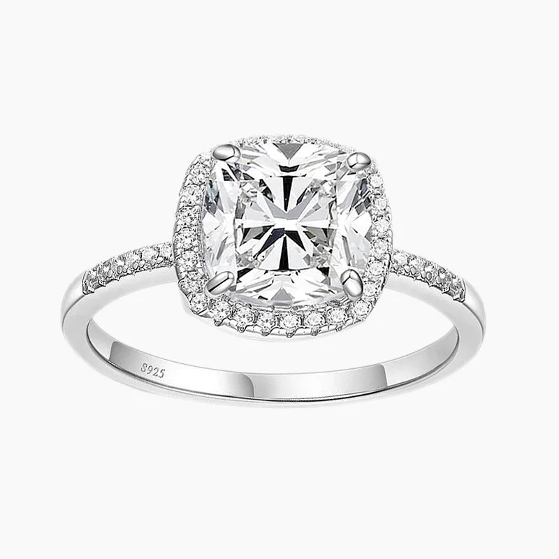 women's engagement rings with emerald-cut diamond -2CT 925 Halo Cushion Sterling Silver CZ Ring