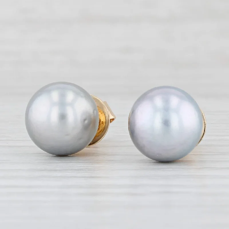 women's earrings with yellow gold -Gray Cultured Pearl Stud Earrings 14k Yellow Gold 11mm Round Solitaires