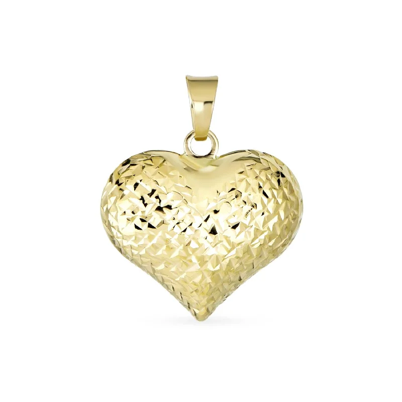 women's necklaces with charm design -Delicate Diamond-Cut 14K Gold Puff Heart Pendant Necklace - Romantic Gift