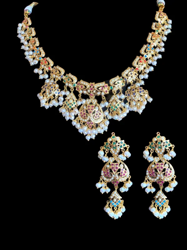 women's necklaces with infinity design -Navratan necklace  set with fresh water pearls in gold plated silver