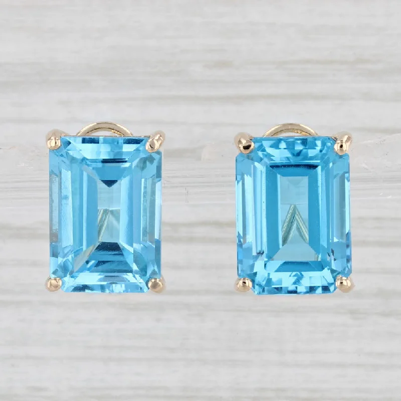 women's earrings with pearl -20.50ctw Blue Topaz Drop Earrings 14k Gold Emerald Cut Solitaires Omega Backs