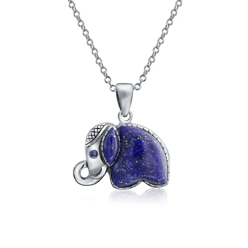 women's necklaces with bold gemstone -Bali Tribal Longevity Blue Lapis Lazuli Elephant Pendant Necklace in Silver