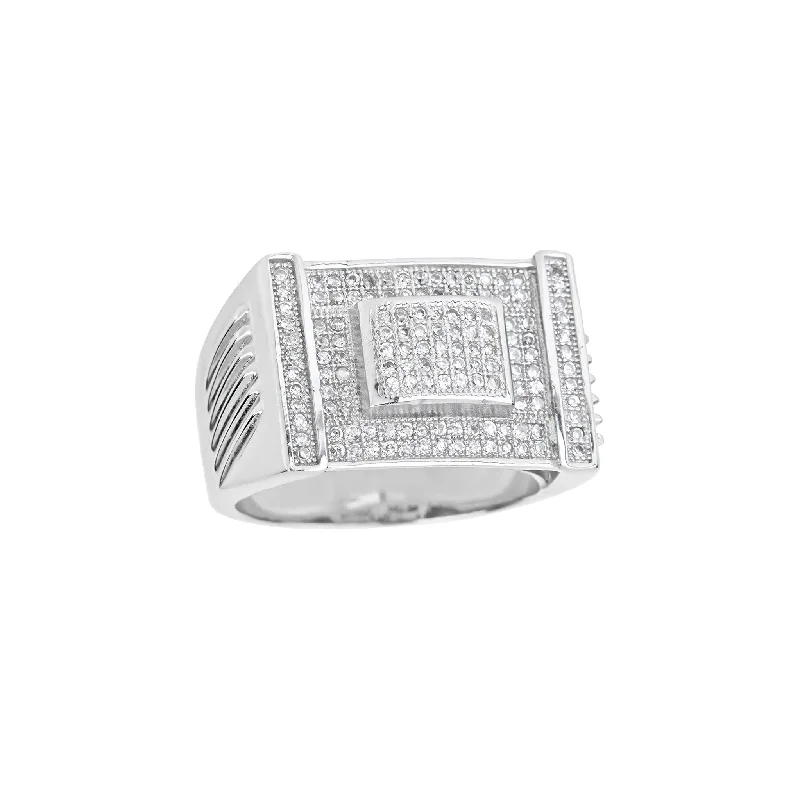 women's rings with modern setting -Iced-Out Rectangle Ridged-Side Men's Ring (Silver)