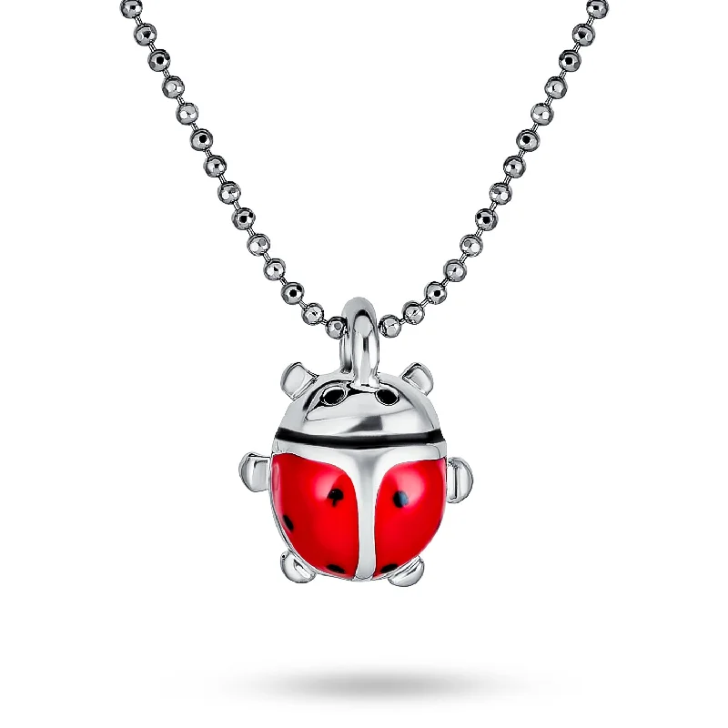 women's necklaces with elegant clasp -Small Red Enamel Ladybug Pendant Necklace SilverGold Tone 16" Bead Chain