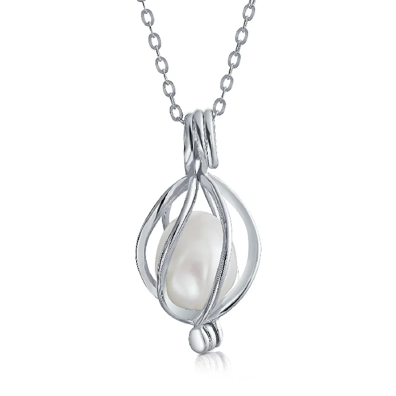 women's necklaces with modern pendant -Bridal Necklace Teardrop Pearl Birdcage Pendant in Sterling Silver for Weddings