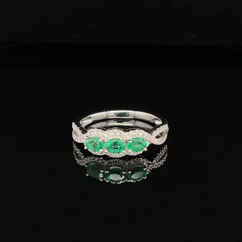 women's engagement rings with unique band design -Emerald & Diamond 3-Stone Halo Anniversary Ring in 18k White Gold - (#204 - RGEME063321)