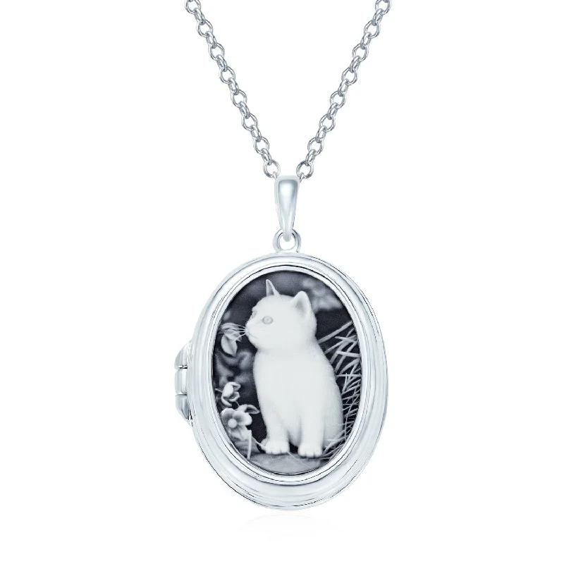 women's necklaces with simple pendant -Vintage Style Cat Cameo Locket Necklace with Black Onyx Sterling Silver