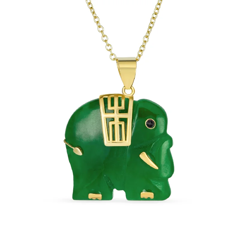 women's necklaces with rectangle pendant -Bali Style Tribal Green Jade Elephant Pendant Necklace in 14K Gold 18 Inch