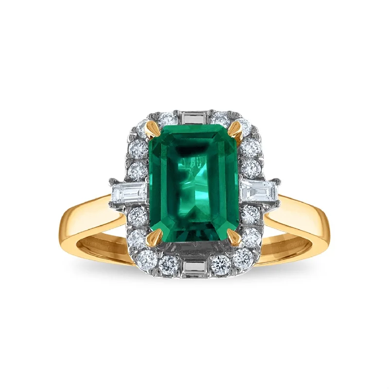 women's engagement rings with romantic setting -LoveSong EcoLove 8X6MM Emerald Shape Emerald and Diamond Halo Ring in 10KT Yellow Gold