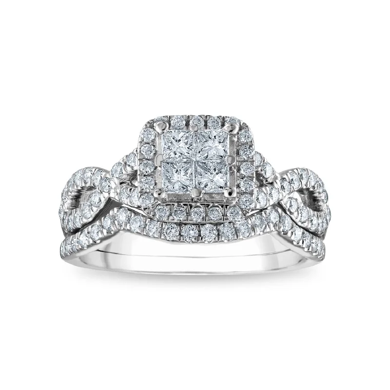 women's engagement rings with solitaire diamond -1 CTW Diamond Halo Bridal Set Ring in 10KT White Gold