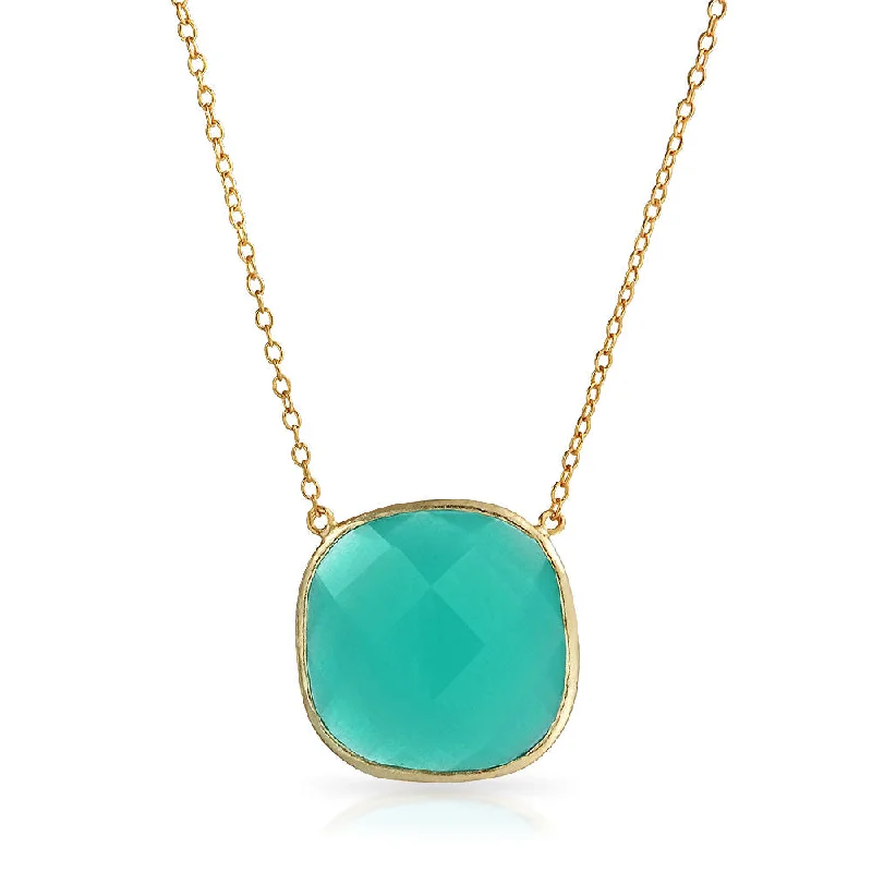 women's necklaces with classic design -Exquisite Teal Blue-Green Faceted Stone Pendant Necklace 14K Gold-Plated Silver