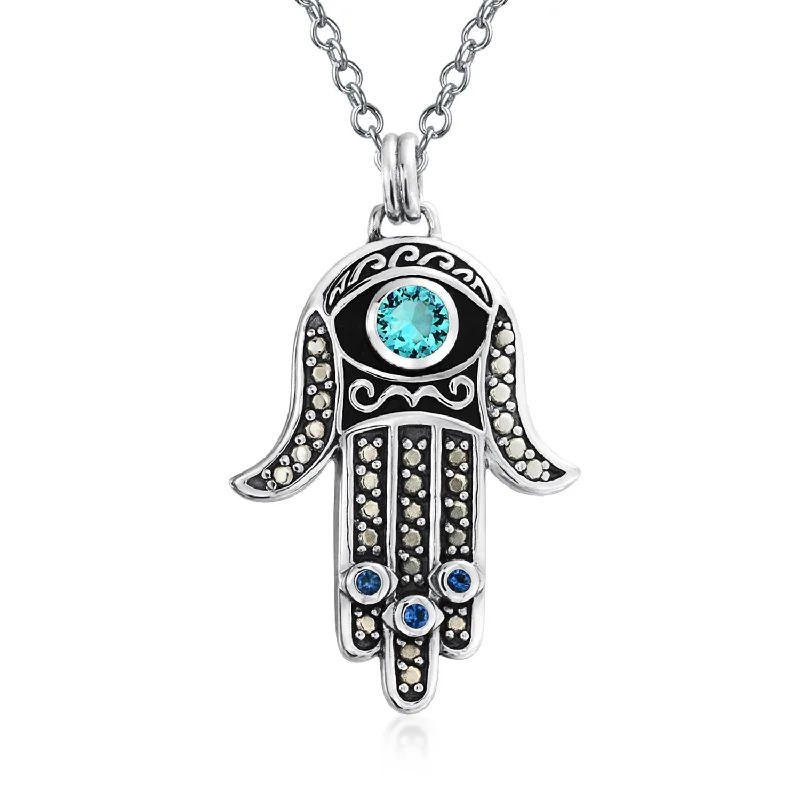 women's necklaces gold -Large Yoga Blue CZ Evil Eye Hamsa Hand Pendant Necklace in Sterling Silver