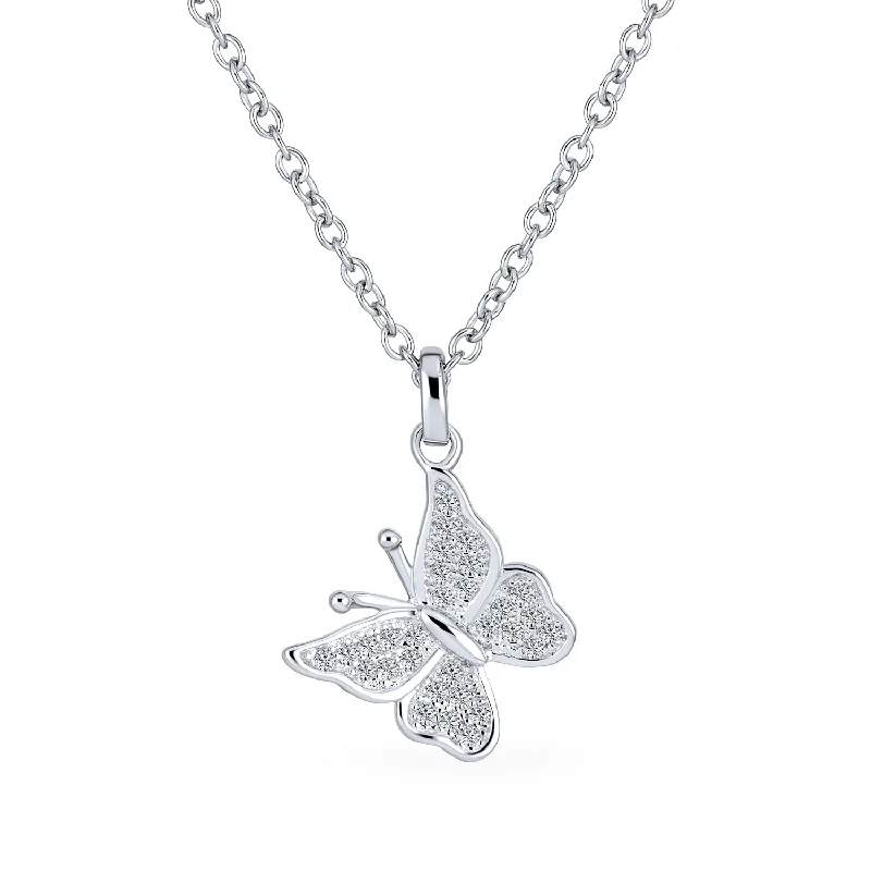 women's necklaces with pearl accents -Mini Petite CZ Butterfly Pendant Necklace in Sterling Silver with Micro Pave Design