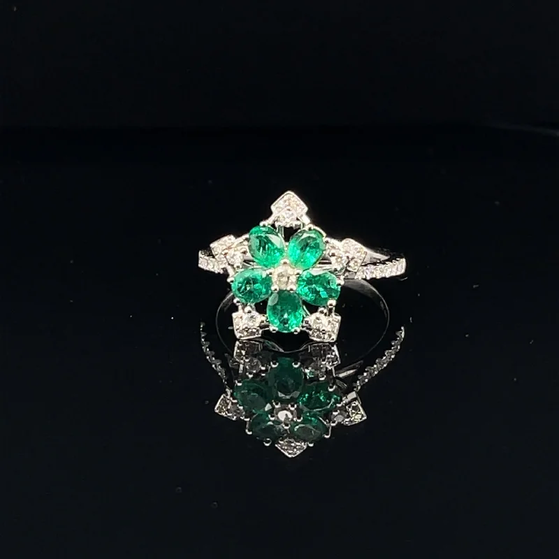 women's engagement rings with custom design -Emerald & Diamond Flower Cluster Ring in 18k White Gold - (#110-RGEME063429)