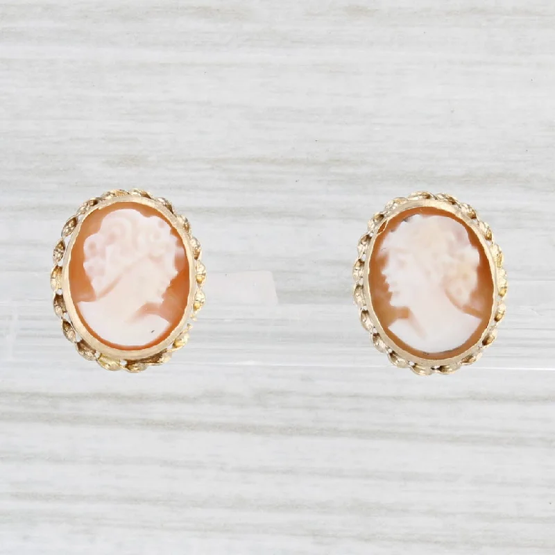 women's earrings with stud earrings set -Figural Carved Shall Cameo Stud Earrings 14k Yellow Gold